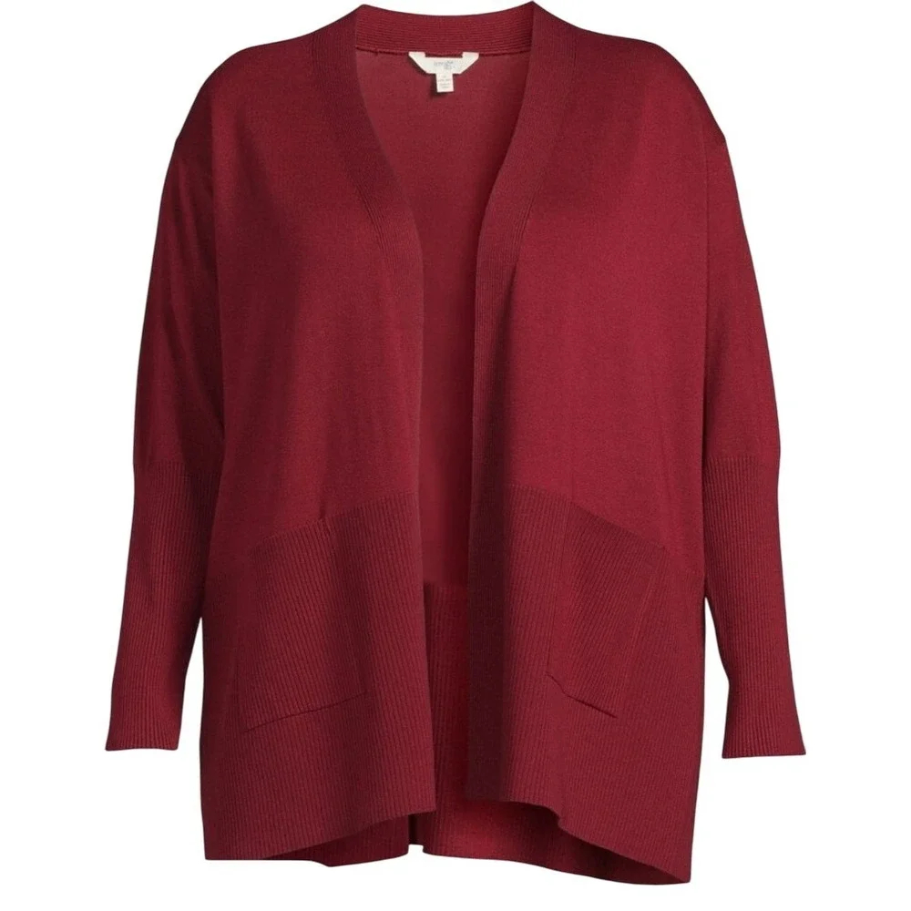 Terra & Sky Womens 0X 14 Red Open Front Cardigan Sweater Long Sleeve Pockets NWT